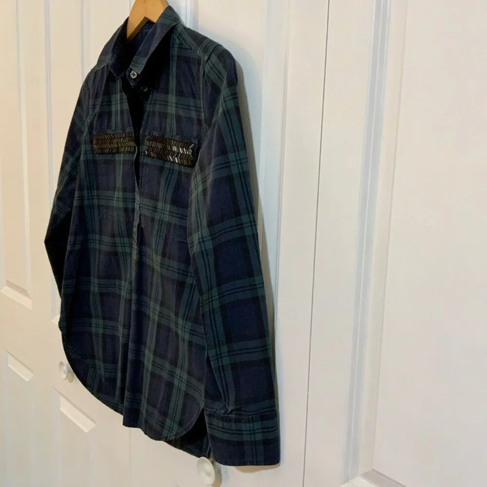 J. Crew Blue Green Tartan Plaid Beaded Pockets Popover Top Size 2